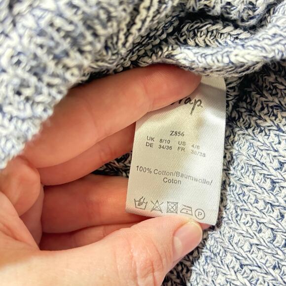 Wrap London Navy White Marled Cotton Sweater Crossover Front Size US Small - Picture 5 of 9